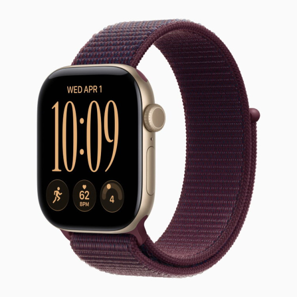 Apple Watch S12, 42 mm, корпус из алюминия золотого цвета, спортивный ремешок бордового цвета