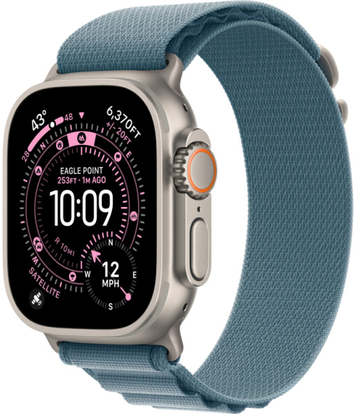 Apple Watch Ultra 3 Natural Titanium Case with Light Blue Alpine Loop Small