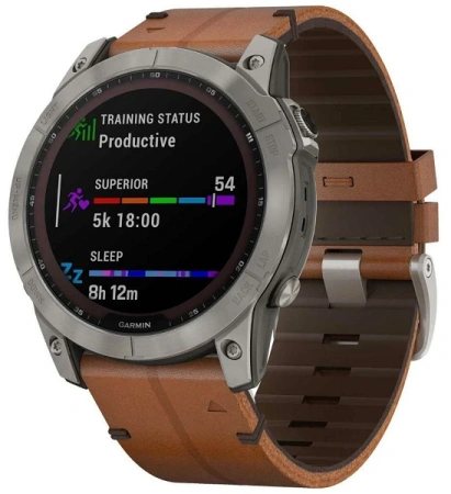 Умные часы Garmin Fenix 7X Sapphire Solar титановый черный с коричневым кожаным ремешком