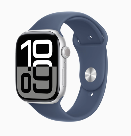 Apple Watch S10, 42 mm, корпус из алюминия серебристого цвета, спортивный ремешок синего цвета
