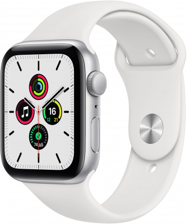 Apple Watch SE (2-nd gen), 44 mm, Корпус из алюминия серебристого цвета, спортивный ремешок белый