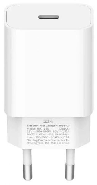 Адаптер питания Xiaomi ZMI Type-C Power Adapter PD 20W EU White HA716 Адаптер питания Xiaomi ZMI Type-C Power Adapter PD 20W EU White HA716