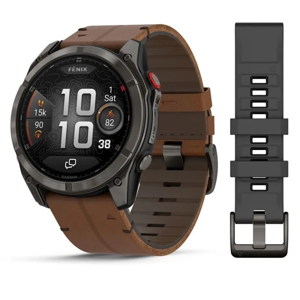 Часы Garmin Fenix 8 Pro - 47 mm AMOLED Sapphire Carbon Gray DLC Titanium / Chestnut Leather Band