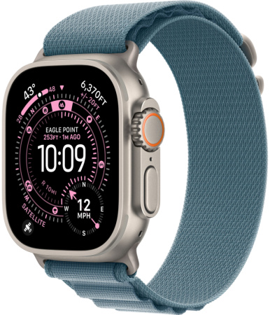 Apple Watch Ultra 3 Natural Titanium Case with Light Blue Alpine Loop Small