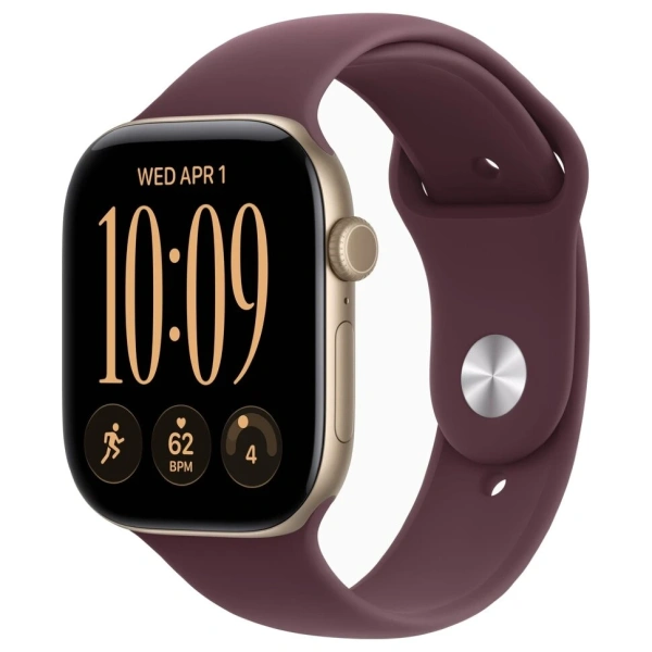 Apple Watch S12, 46 mm, корпус из алюминия золотого цвета, спортивный ремешок бордового цвета