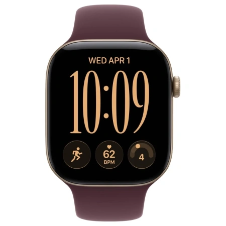 Apple Watch S12, 46 mm, корпус из алюминия золотого цвета, спортивный ремешок бордового цвета